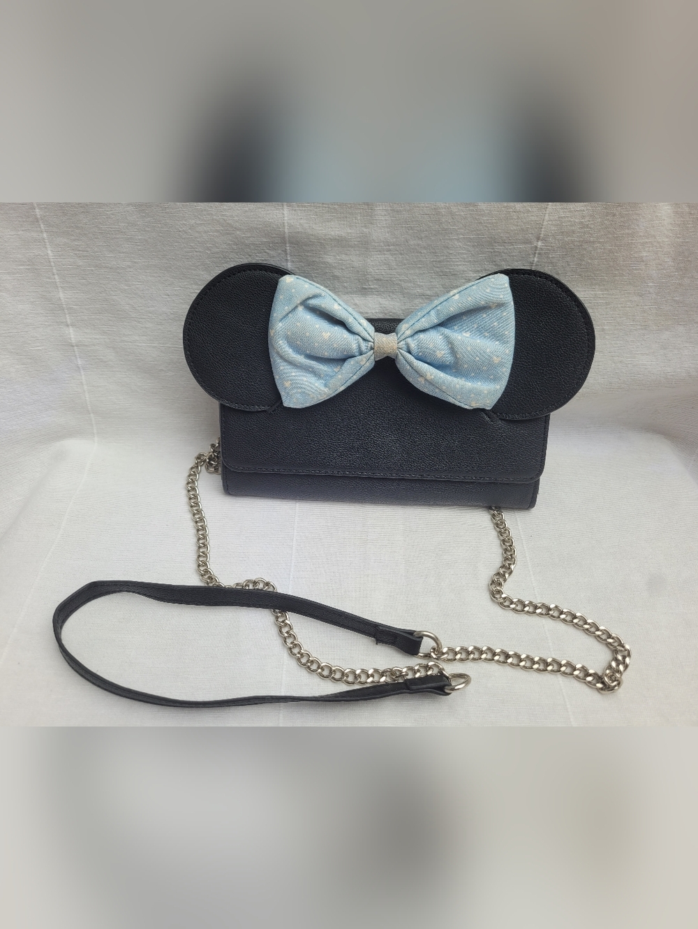 Black Mouse Ear Crossbody Bag with Light Blue Polka Dot Bow
